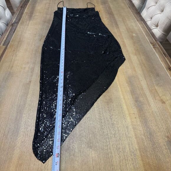 Alice + Olivia Chainmail Midi Slip Dress Size 2  Asymmetric Hem Open Back Black - Picture 8 of 14